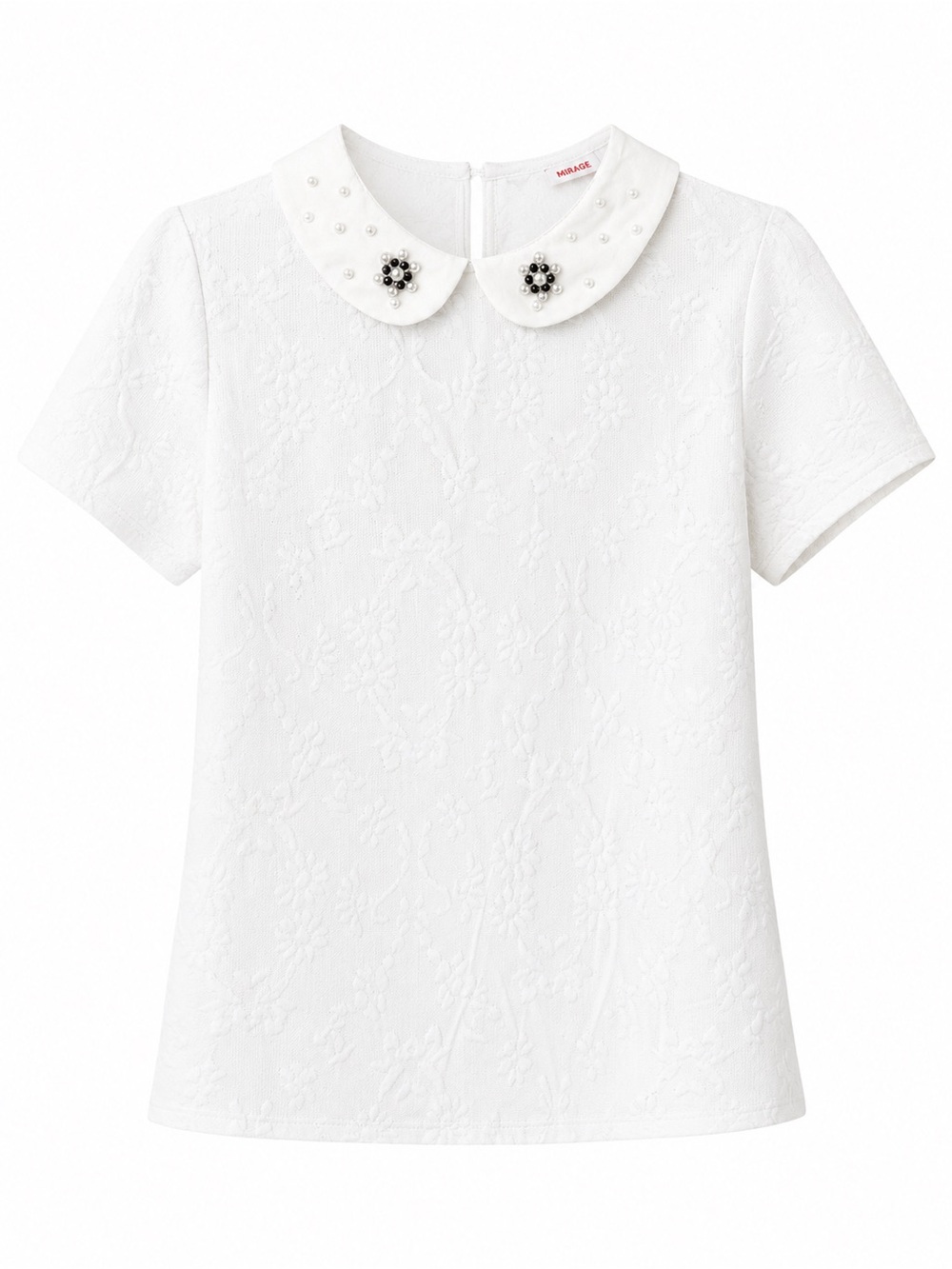 Girls' White Embroidered Peter Collar Top with Jewel Accents
